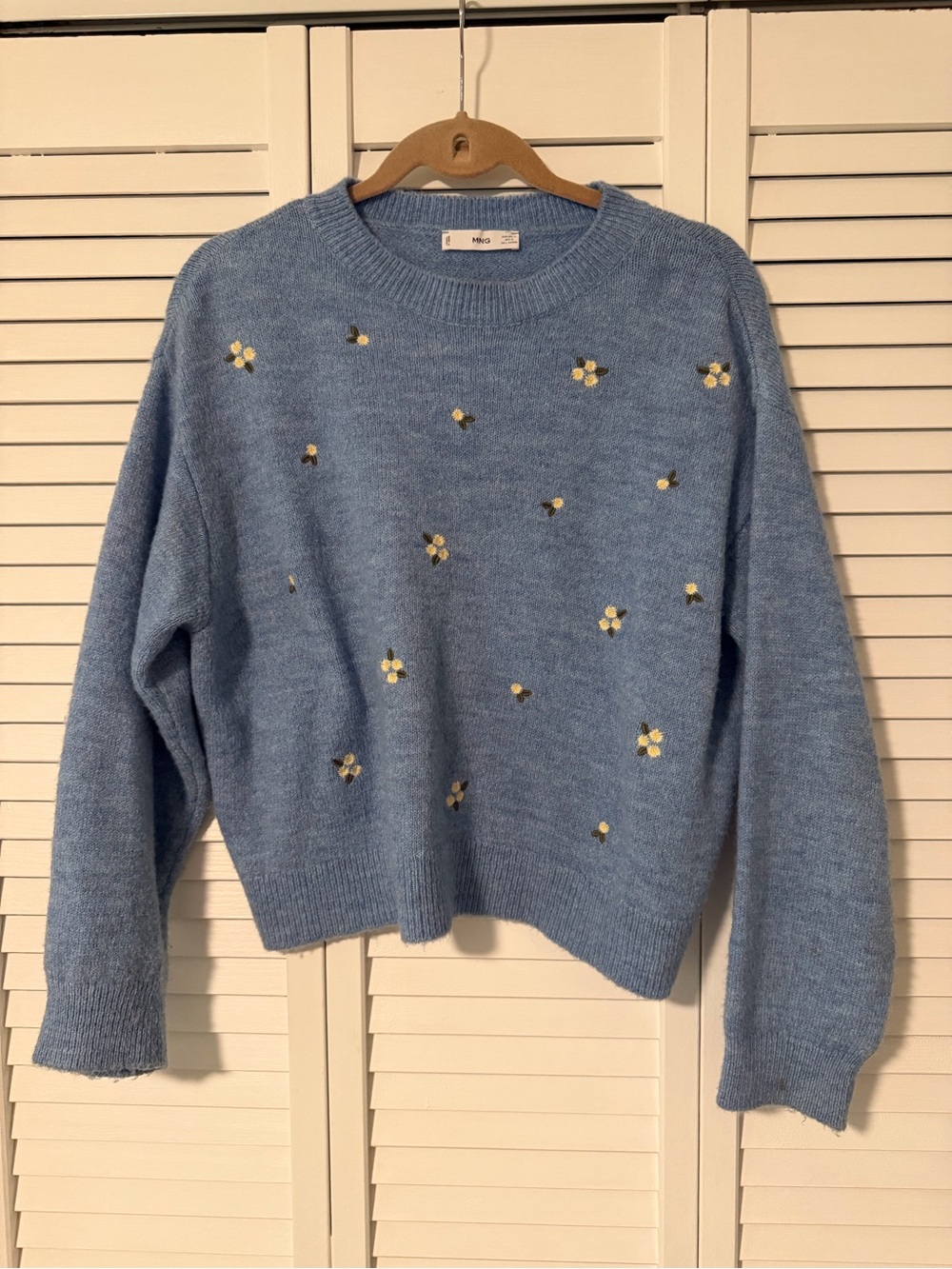 Mango Light Blue Crewneck Sweater with white Floral Appliqués